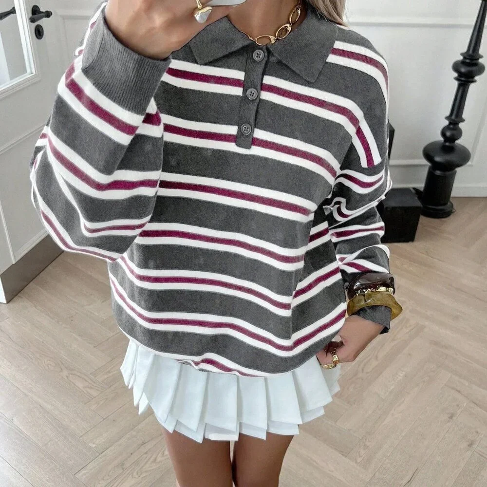 Dark Grey Women's Striped collar knit Sweater top
